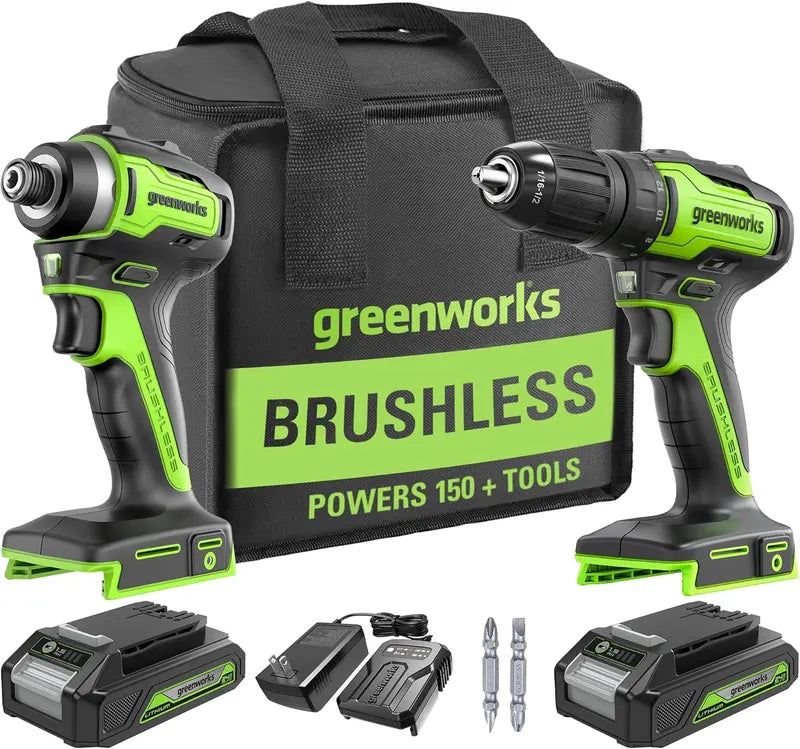 24V Brushless Cordless Combo Kit – 1/2″ Drill + 1/4″ Impact Driver, 2 Batteries, Fast Charger, Bit Sets & Carry Bag