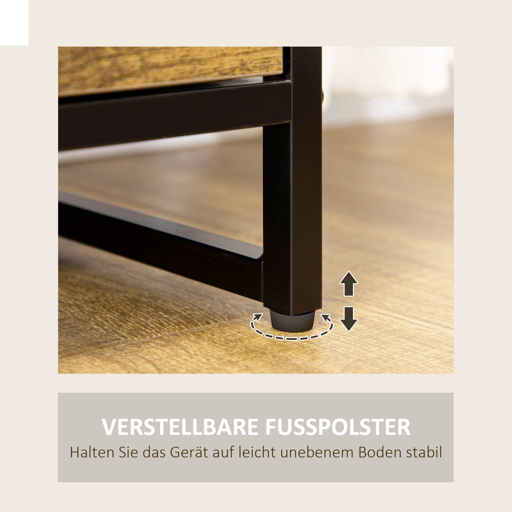 HOMCOM Kommode mit sechs Schubladen, offene Regale, MDF und Stahl, 84x30x92 cm, Braun/Schwarz, verstellbare Füße
