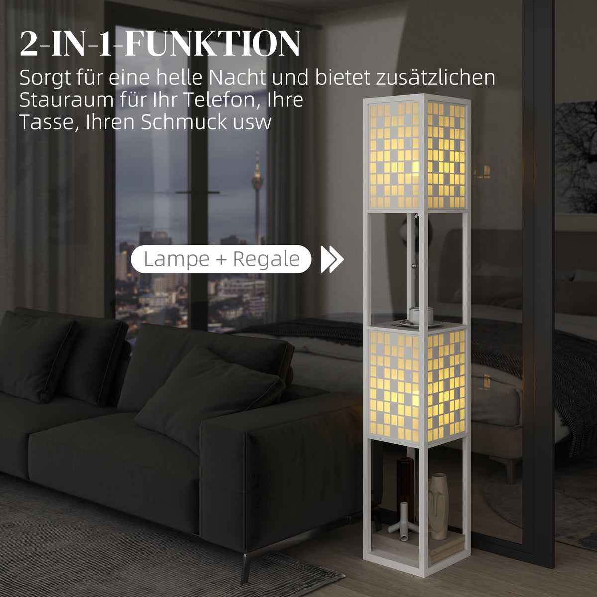 HOMCOM Stehlampe, Gittermuster, 2-Ebenen-Regale, für verschiedene Glühbirnen, Weiß