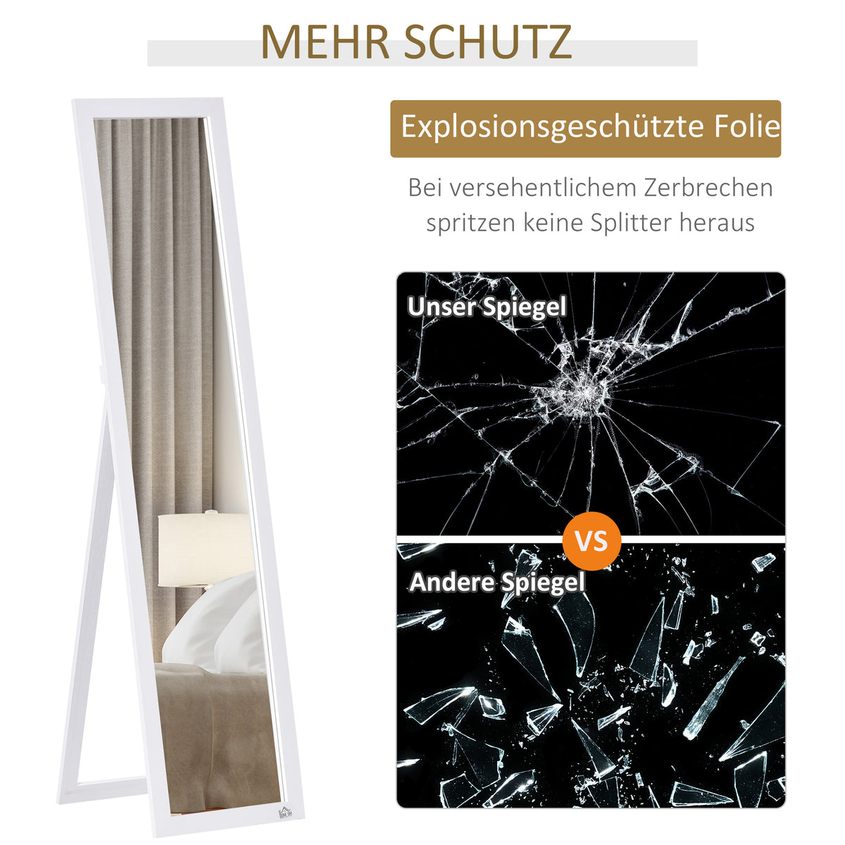 HOMCOM Ganzkörperspiegel, freistehend, Wandmontage, MDF-Rahmen, 37 x 37 x 154 cm, Weiß