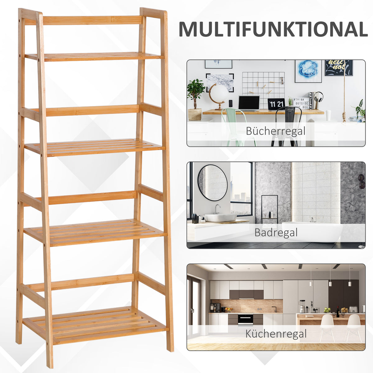 HOMCOM Bücherregal, 4 Ebenen, Leiterdesign, Bambusholz, Natur