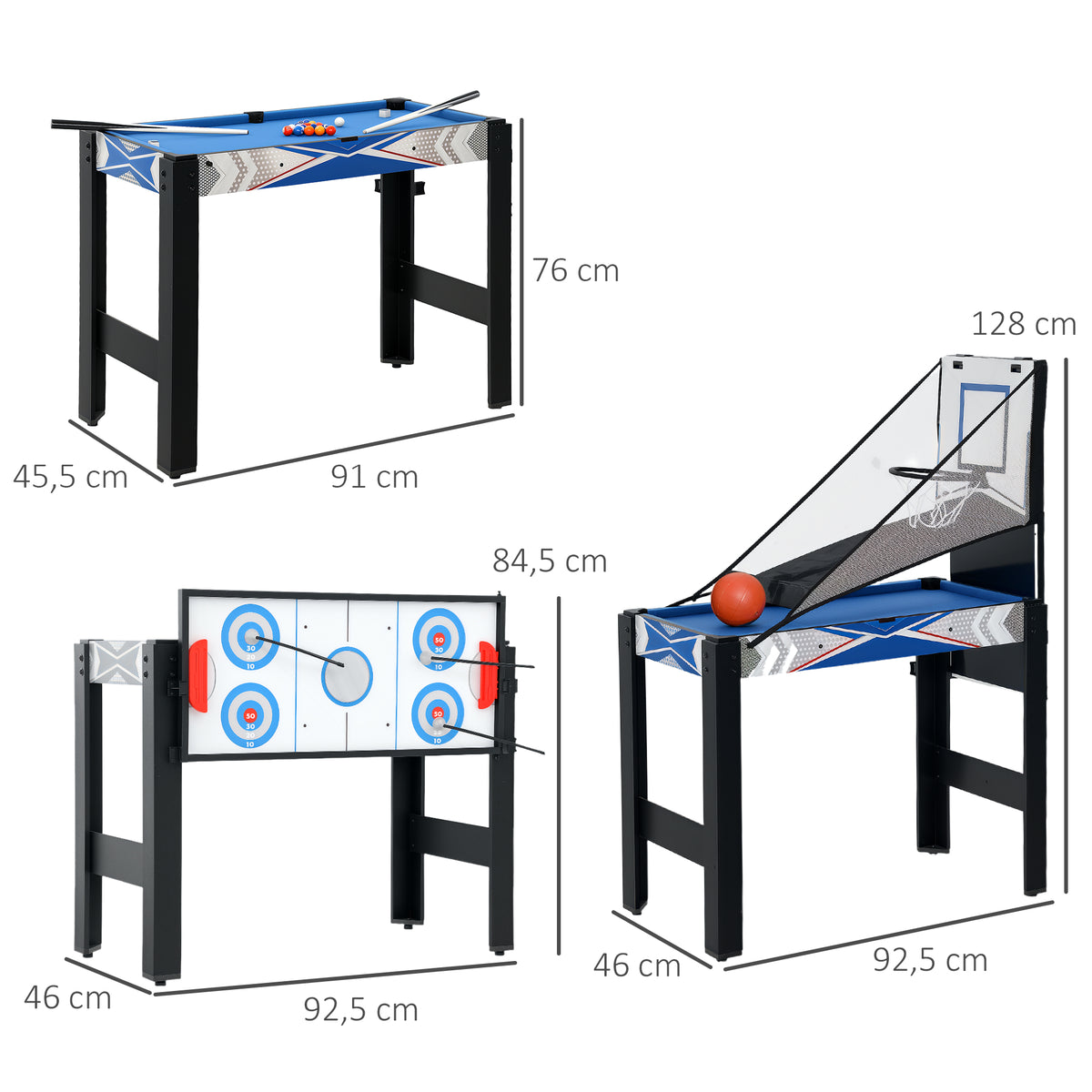 SPORTNOW 5-in-1-Spieletisch, Billard, Tischtennis, Hockey, Basketball, Bogenschießen, Zubehör inklusive, MDF, Kunststoff, Blau