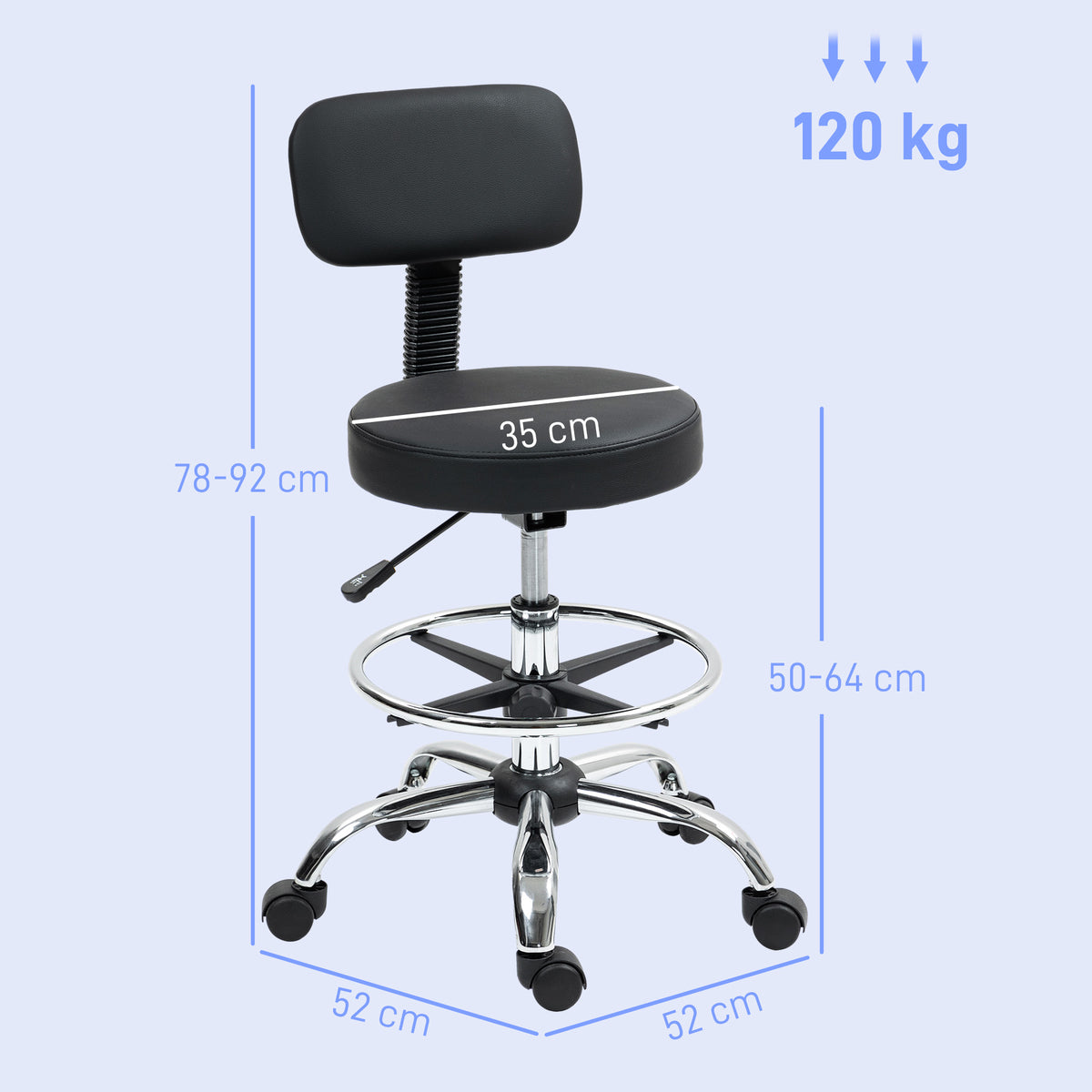 HOMCOM Bürostuhl, Kompakter Drehstuhl, höhenverstellbar, mit Fußstütze, 360° drehbar, Kunstleder, Metall, Schwarz
