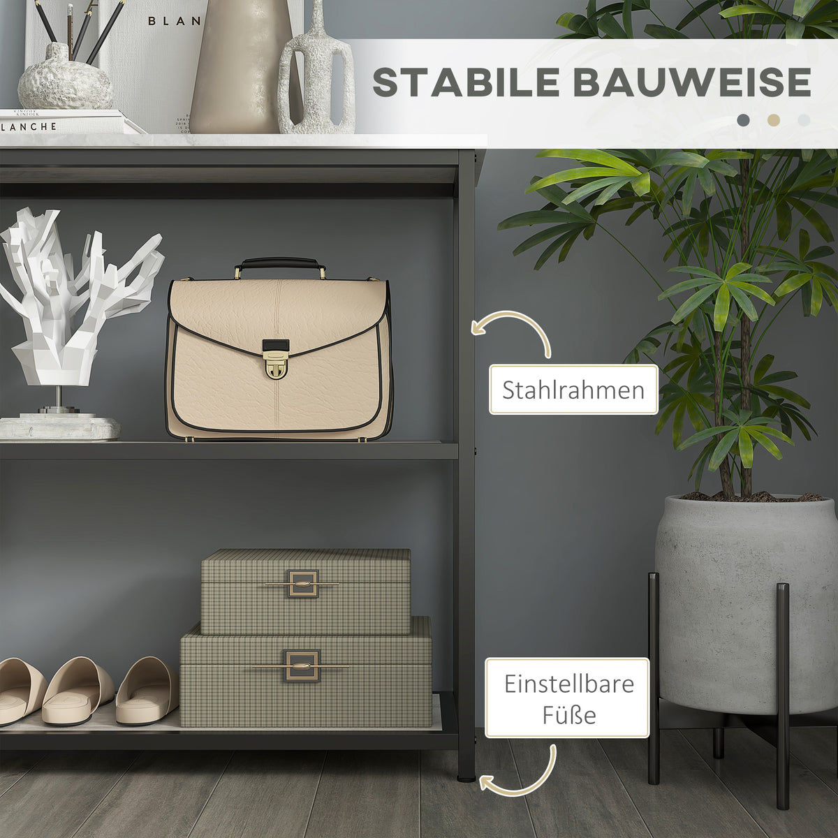 HOMCOM Konsolentisch im Industriedesign, 2 Regale, Marmor-Optik, Schwarz + Weiß