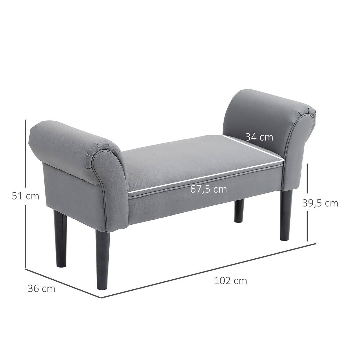 HOMCOM Sitzbank, Bettbank, robuste Bauweise, weiche Polsterung, 102x36x51 cm, Grau