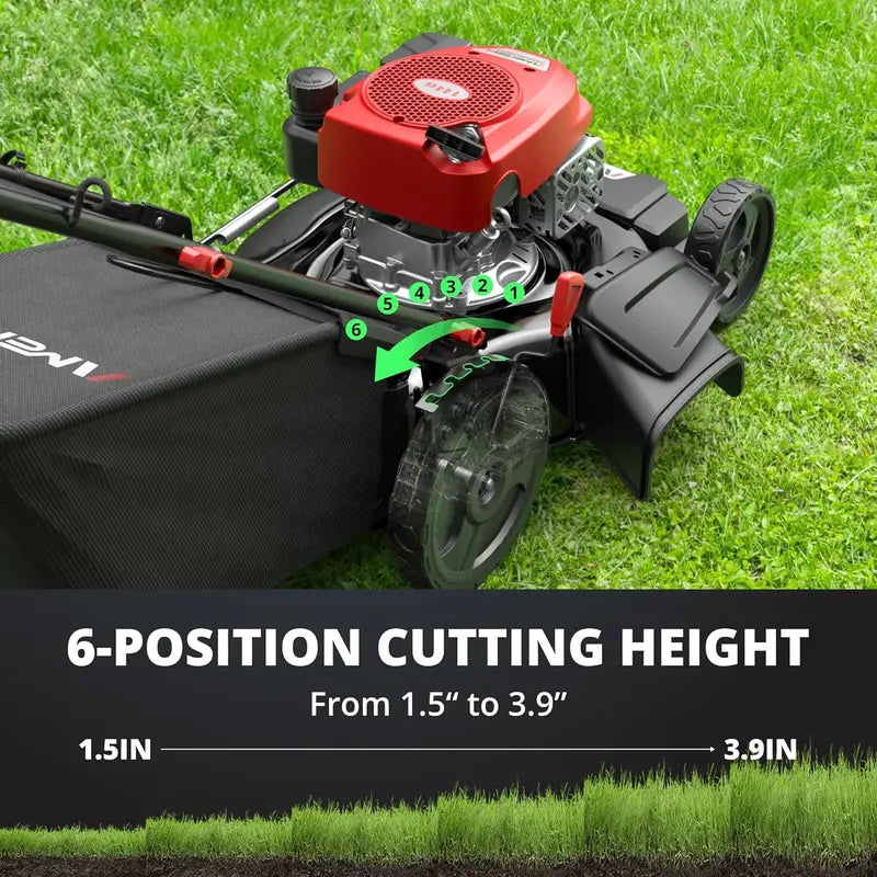 21-Inch 3-in-1 Gas Push Mower – 144cc OHV Engine, 6-Position Height Adjustment, 1.4-Bushel Bagging/Mulching/Side-Discharge