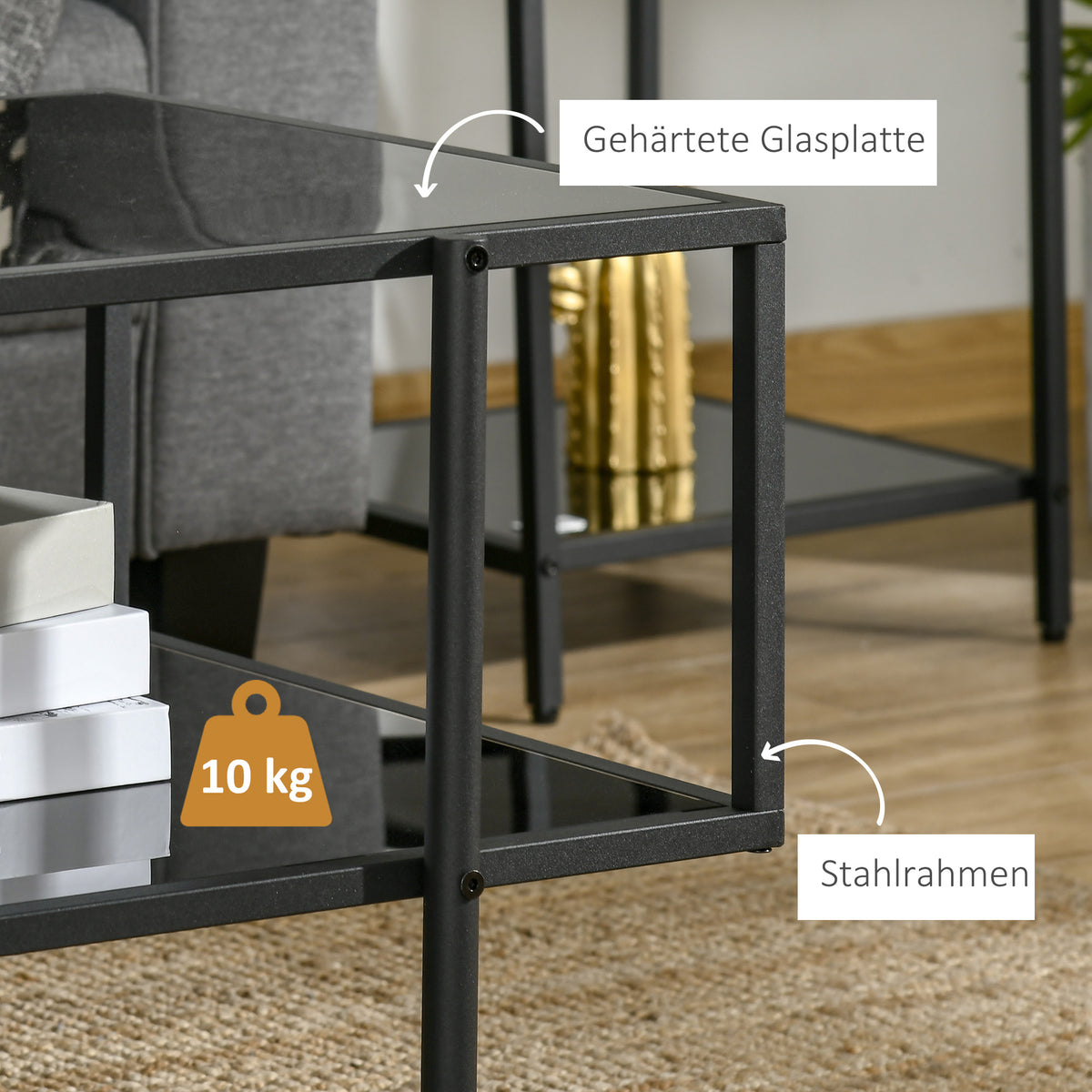 HOMCOM Couchtisch mit Ablage, verstellbare Füße, Stahlrahmen, Glasplatte, 100 x 55 x 45,5 cm, Schwarz