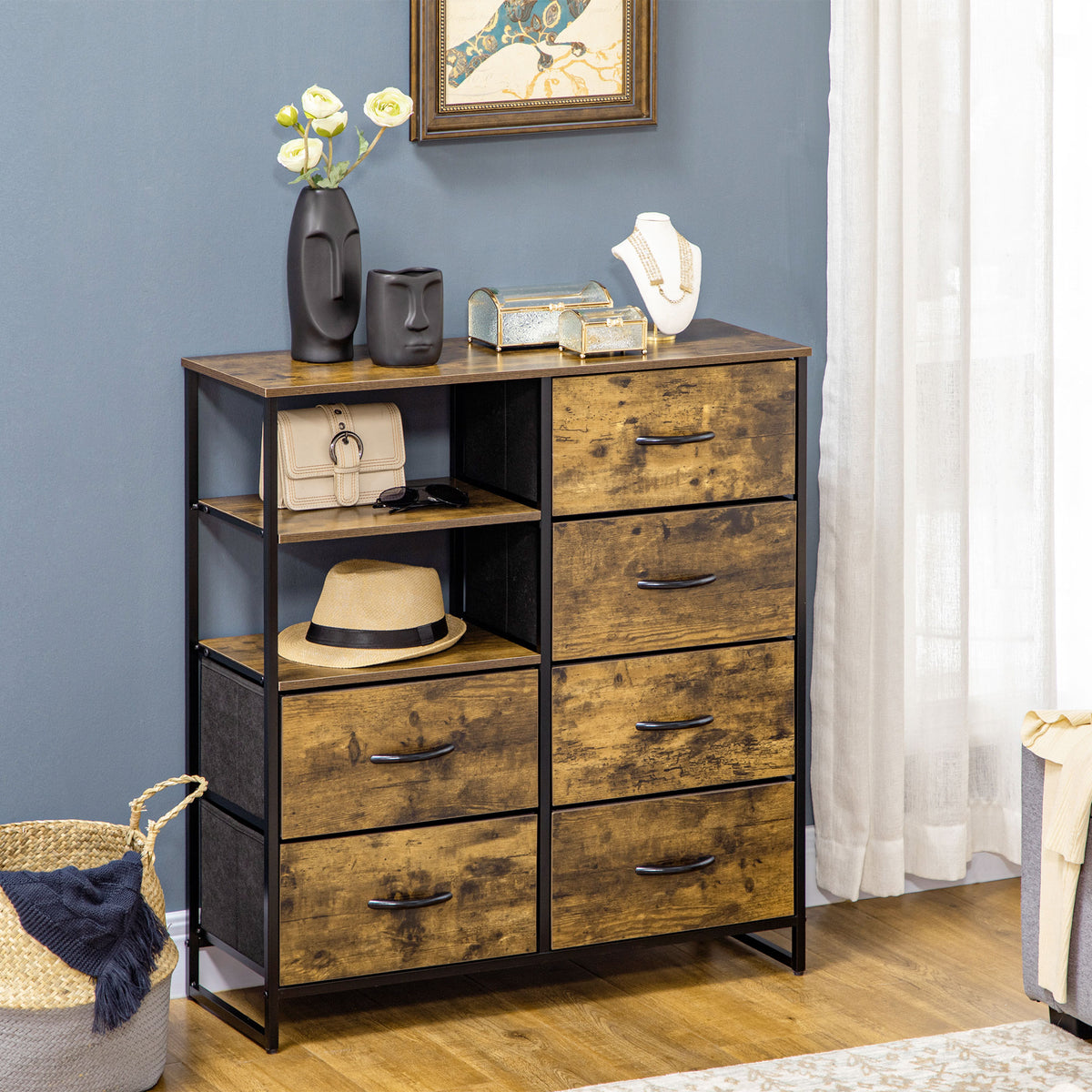 HOMCOM Kommode mit sechs Schubladen, offene Regale, MDF und Stahl, 84x30x92 cm, Braun/Schwarz, verstellbare Füße