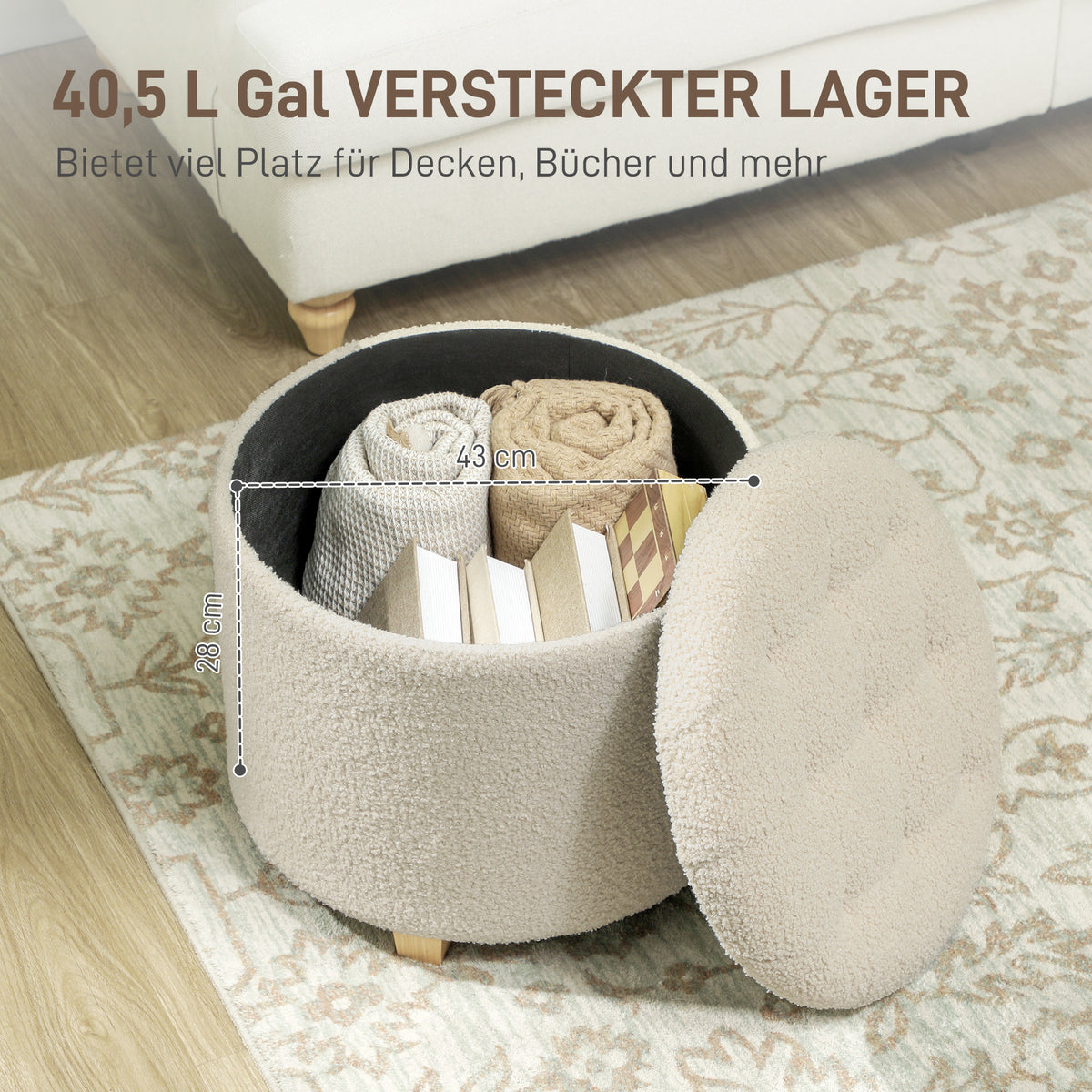 HOMCOM Runder Sitzhocker mit Stauraum, Deckel und Holzbeinen, Fußhocker für Wohnzimmer, Flur, Schlafzimmer, Cremeweiß