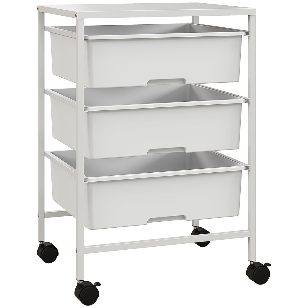 HOMCOM Beistellwagen mit Rädern, 3 Körbe für Transport und Aufbewahrung, Küchenwagen, 40,8L x 33,5B x 60,5H cm, Weiß