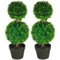 HOMCOM 2er-Set Künstlicher Buchsbaum, 2 Buchsbäume, Outdoor, 17 cm x 17 cm x 60 cm, Grün + Braun+ Schwarz
