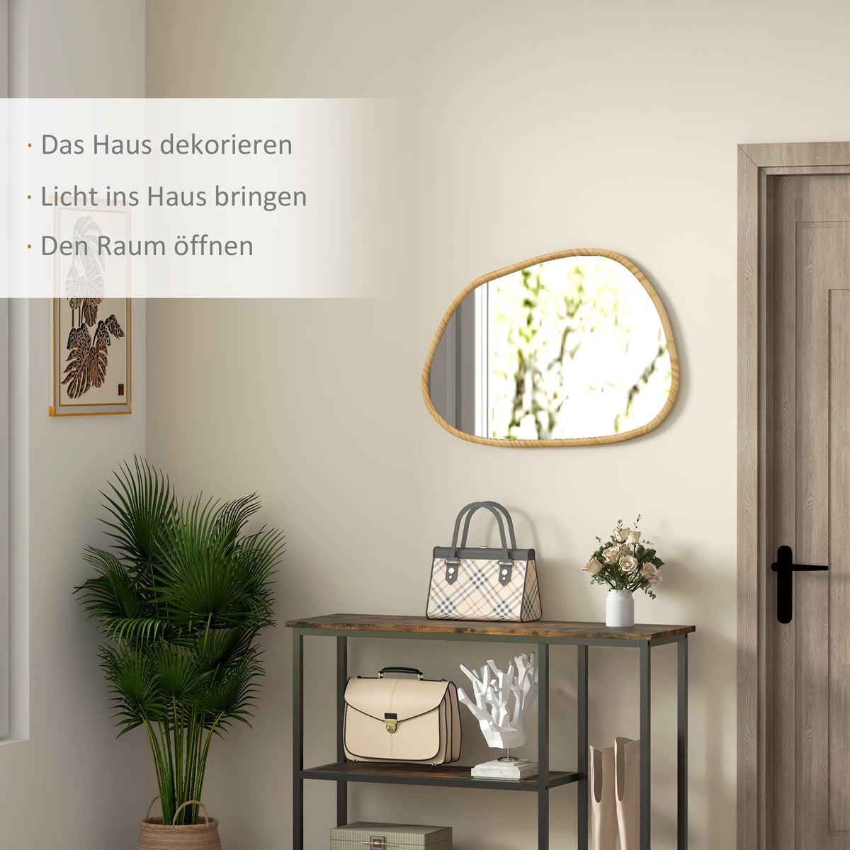 HOMCOM Wandspiegel Dekospiegel Spiegel, Vintage-Design, 70 cm x 2,1 cm x 50 cm, Massivholz, Natur