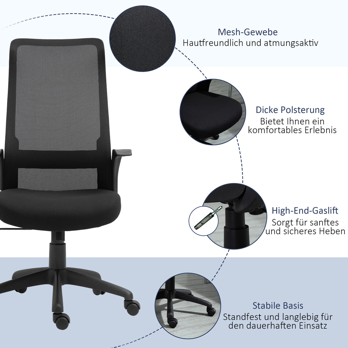 Vinsetto Bürostuhl Kopflehne Home-Office-Stuhl höhenverstellbarer Schreibtischstuhl ergonomisch 360°-Drehräder Büro Schaumstoff Nylon Schwarz 62 x 62 x 113-122 cm