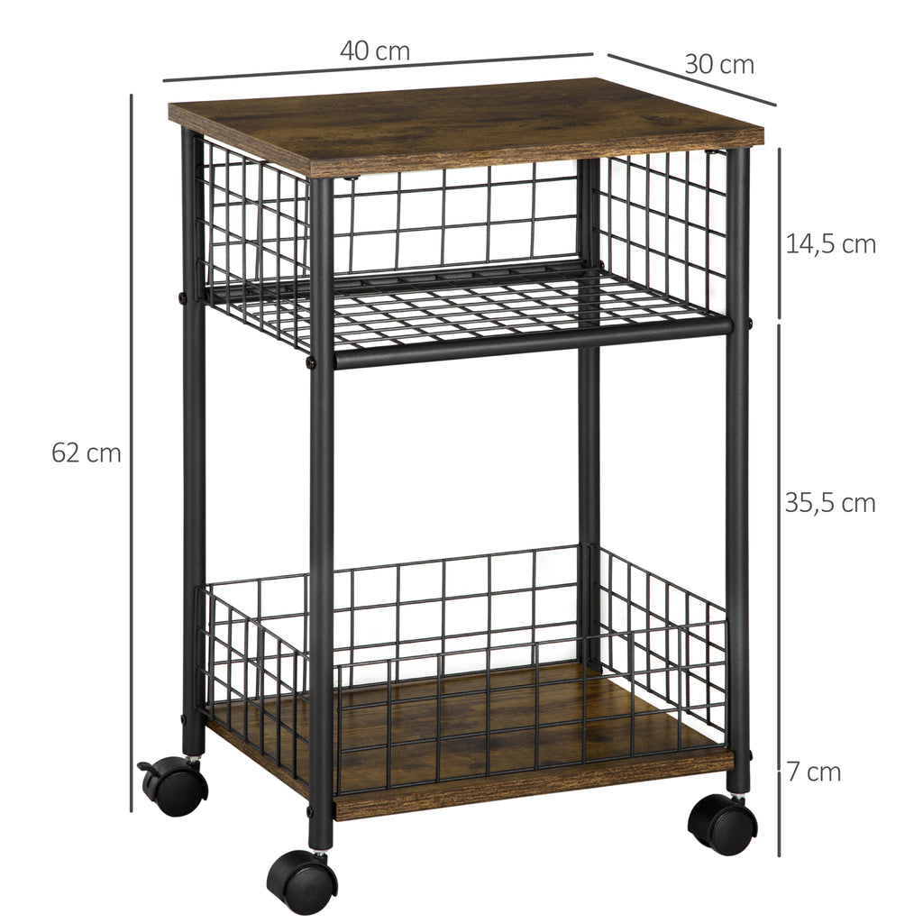 HOMCOM Küchenwagen im Industriedesign 1 Regal 1 Aufbewahrungskorb 4 Räder 40 cm x 30 cm x 62 cm Stahl Schwarz + Braun