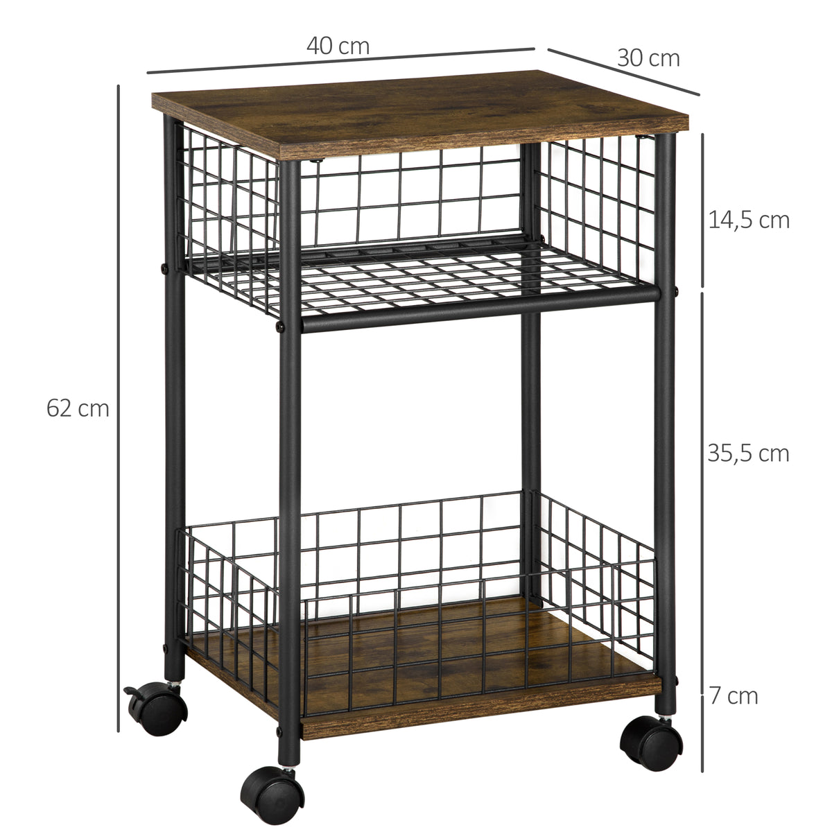 HOMCOM Küchenwagen im Industriedesign 1 Regal 1 Aufbewahrungskorb 4 Räder 40 cm x 30 cm x 62 cm Stahl Schwarz + Braun