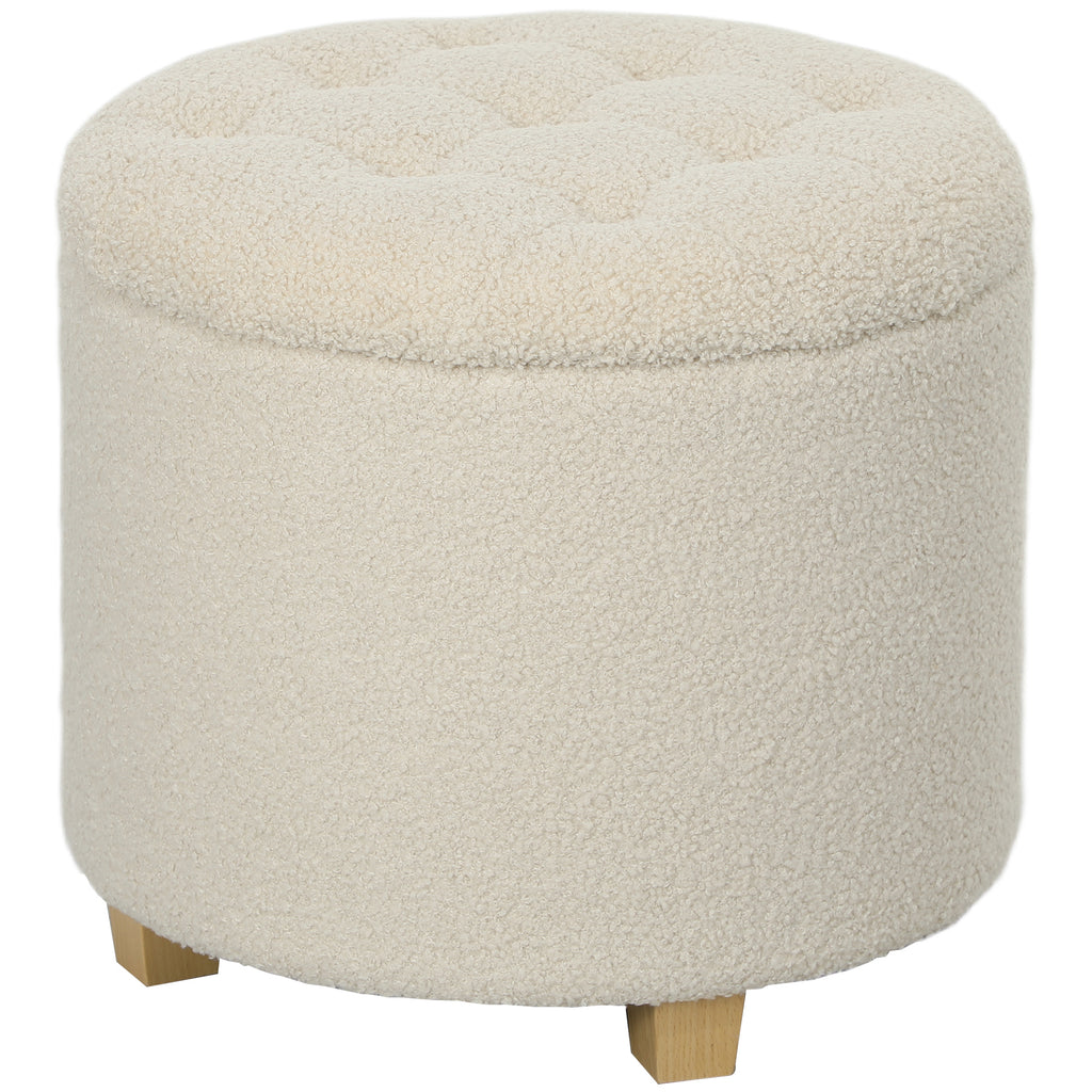 HOMCOM Runder Sitzhocker mit Stauraum, Deckel und Holzbeinen, Fußhocker für Wohnzimmer, Flur, Schlafzimmer, Cremeweiß