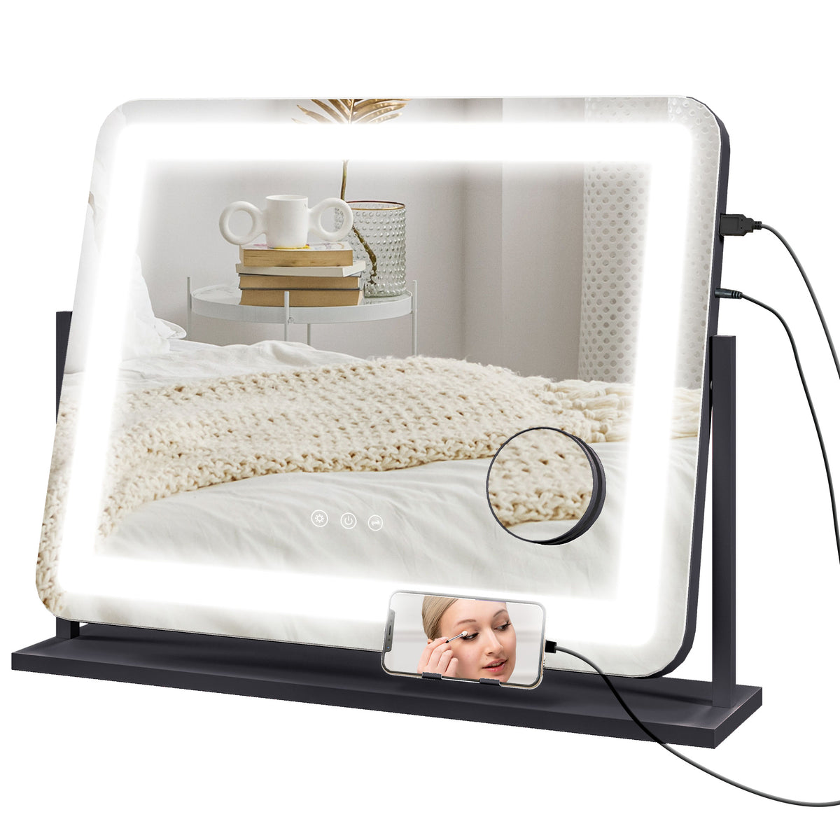 HOMCOM Schminkspiegel mit LED-Lampen, USB-Anschluss, 3 Modi, drehbar, Schwarz
