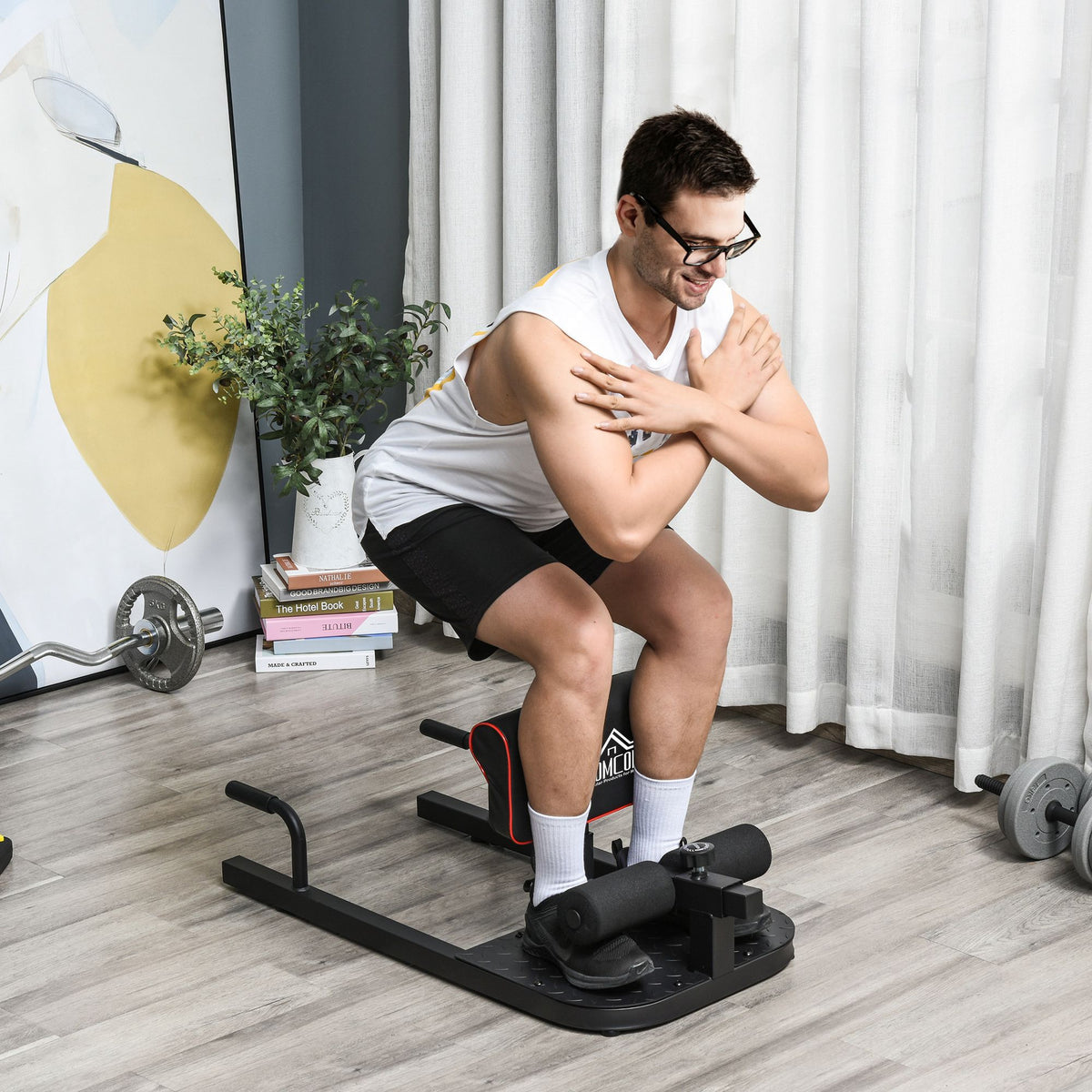 HOMCOM Sissy Squat Kniebeugentrainer Beintrainer Bauch-Gesäß-Trainer 3 in 1 Trainer verstellbar bis 120 kg Stahl Schwarz 50 x 97 x (44,5–56,5) cm