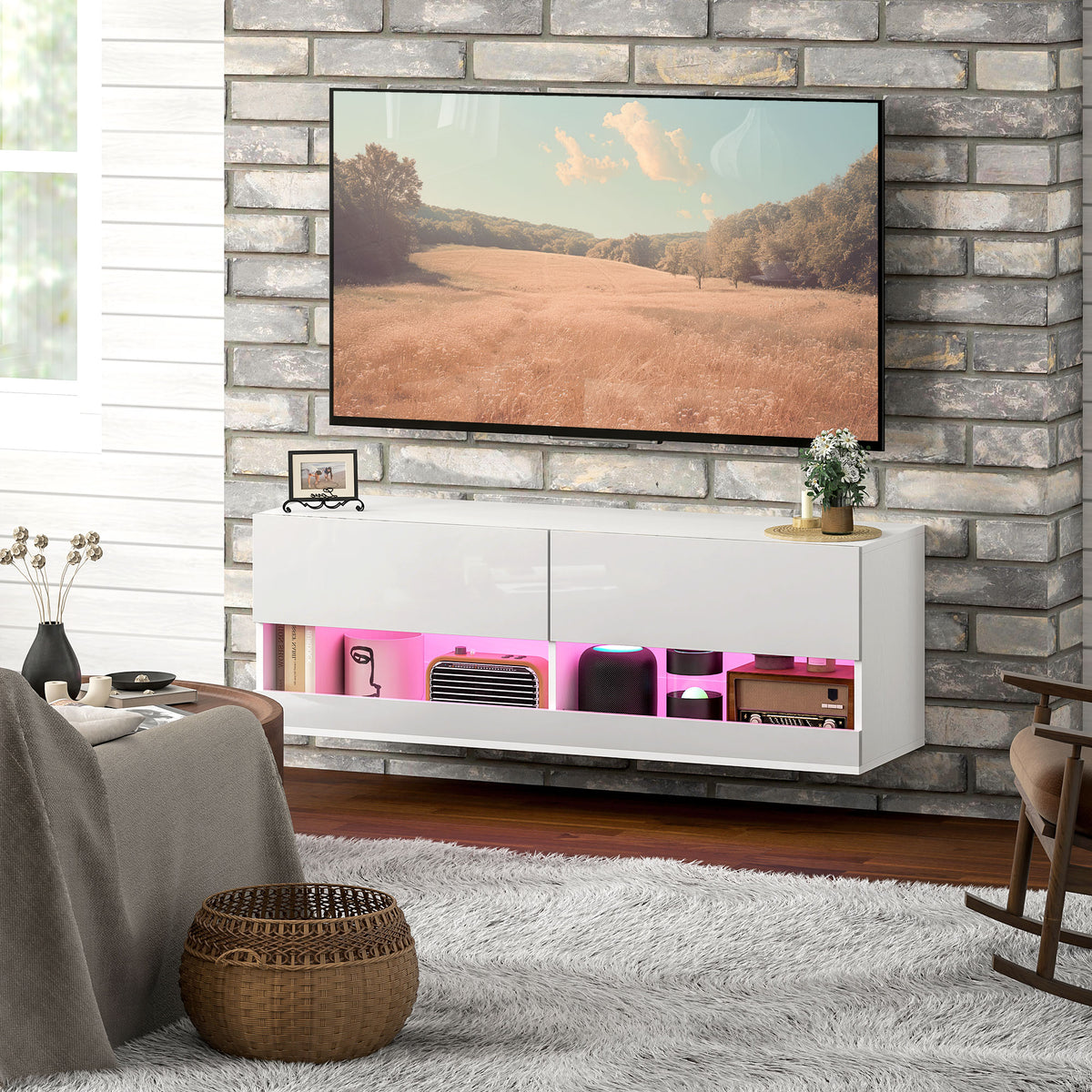 HOMCOM TV-Hängeschrank mit LED-Beleuchtung, 16 Blinkmodi, Wandmontierter TV-Schrank, Offene Regale, 120 x 35 x 40,5 cm, Weiß