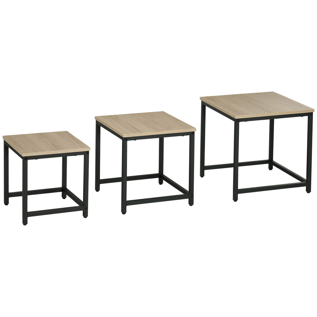 HOMCOM Satztisch-Set aus 3 Beistelltischen, Industrial Design, schwarzer Stahlrahmen, Tischplatte in Holzoptik