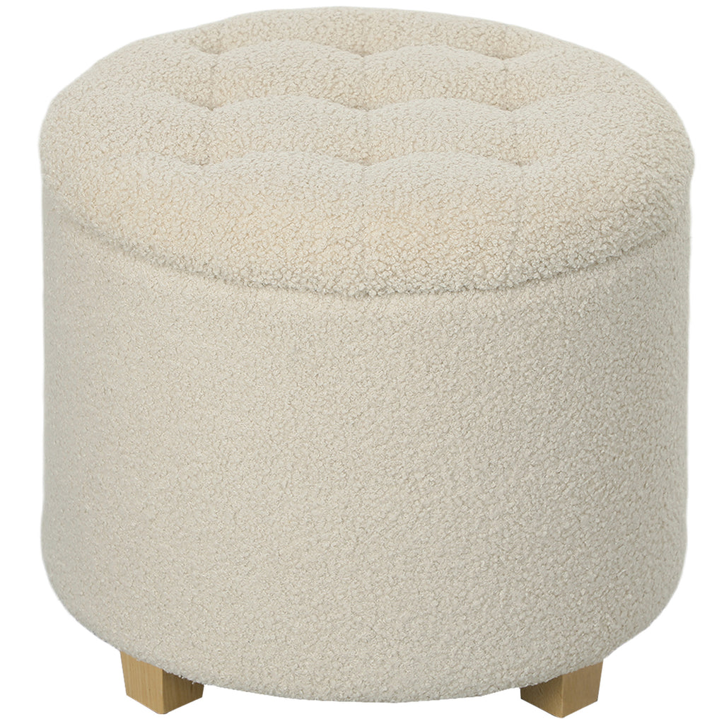 HOMCOM Runder Sitzhocker mit Stauraum, Deckel und Holzbeinen, Fußhocker für Wohnzimmer, Flur, Schlafzimmer, Cremeweiß