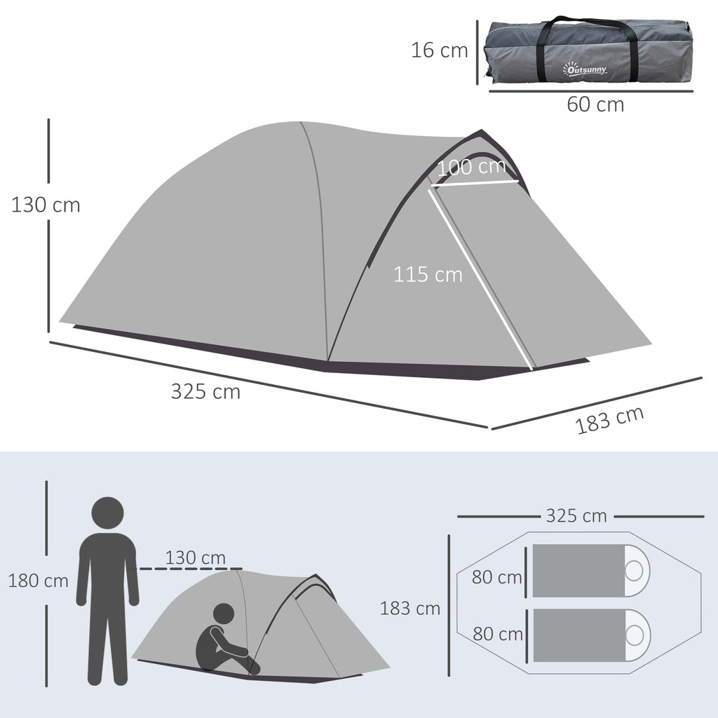 Outsunny Campingzelt 2-3 Personen wasserdichtes leichtes belüftetes Dôme-Zelt 2 Türen Fenster Glasfaser-Polyester PE Grau