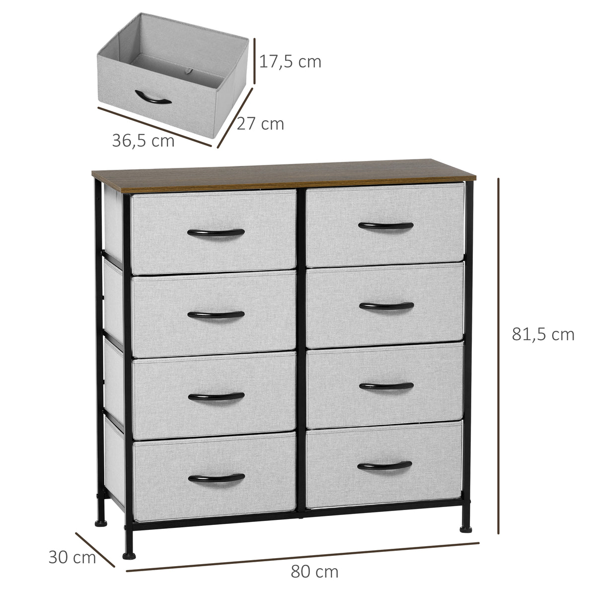 HOMCOM Kommode mit 8 Stoffschubladen, Metallrahmen, Ablage, 80x30x81,5 cm, Grau/Schwarz