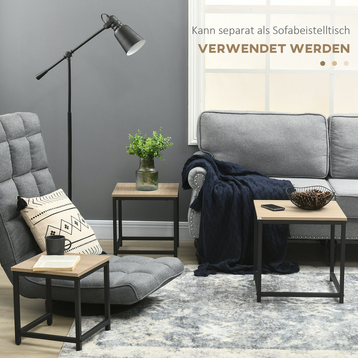 HOMCOM Satztisch-Set aus 3 Beistelltischen, Industrial Design, schwarzer Stahlrahmen, Tischplatte in Holzoptik