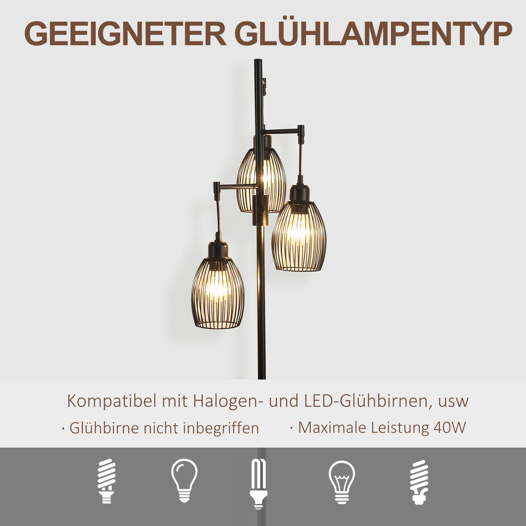 HOMCOM Stehleuchte im Industrie-Design mit 3 Lampenschirmen 30 cm x 30 cm x 170,5 cm Stahl