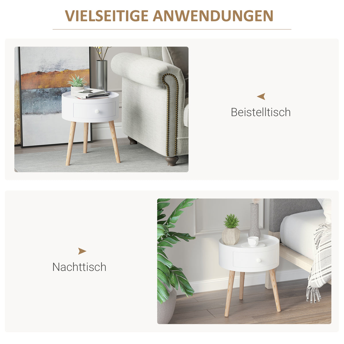 HOMCOM Beistelltisch Sofatisch Couchtisch mit Schublade Wohnzimmer Holz Weiß Ф38 x H45cm