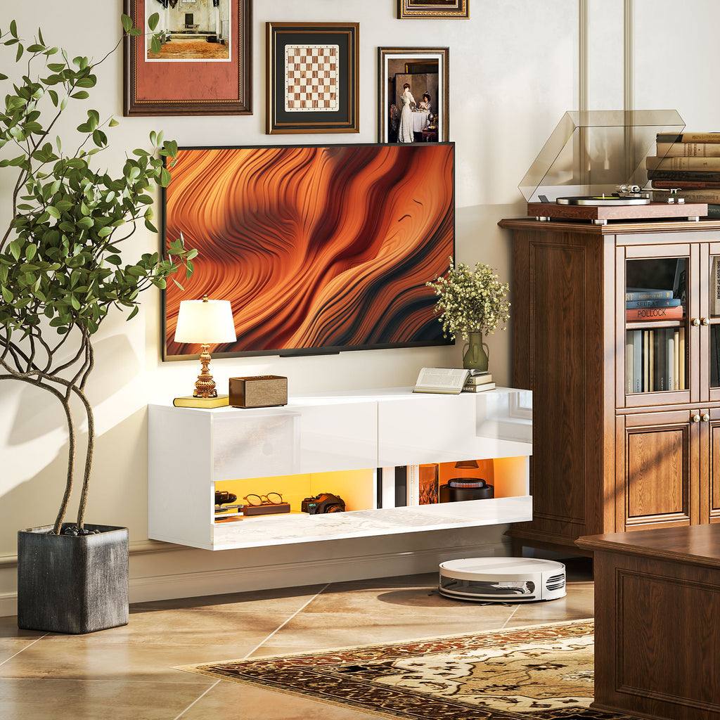 HOMCOM TV-Hängeschrank mit LED-Beleuchtung, 16 Blinkmodi, Wandmontierter TV-Schrank, Offene Regale, 120 x 35 x 40,5 cm, Weiß