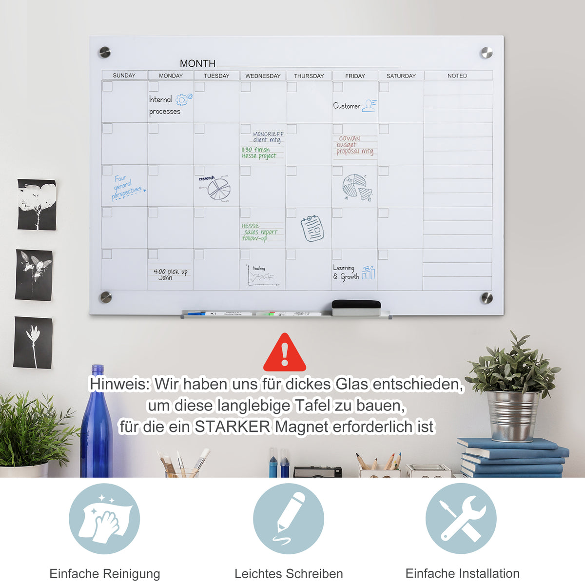 Vinsetto Whiteboard Whiteboard Kalender für Organisation Ferienpläne und Monatsplanungen inkl. 1 Stifthalter, 4 Marker & Radierer 90 x 60 cm