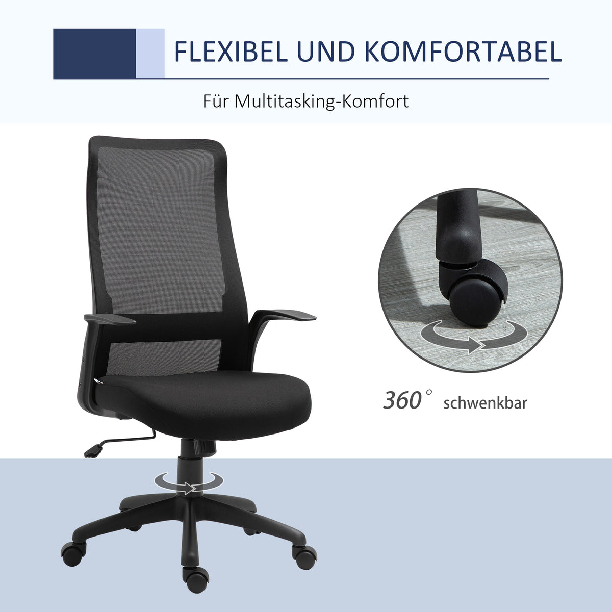 Vinsetto Bürostuhl Kopflehne Home-Office-Stuhl höhenverstellbarer Schreibtischstuhl ergonomisch 360°-Drehräder Büro Schaumstoff Nylon Schwarz 62 x 62 x 113-122 cm