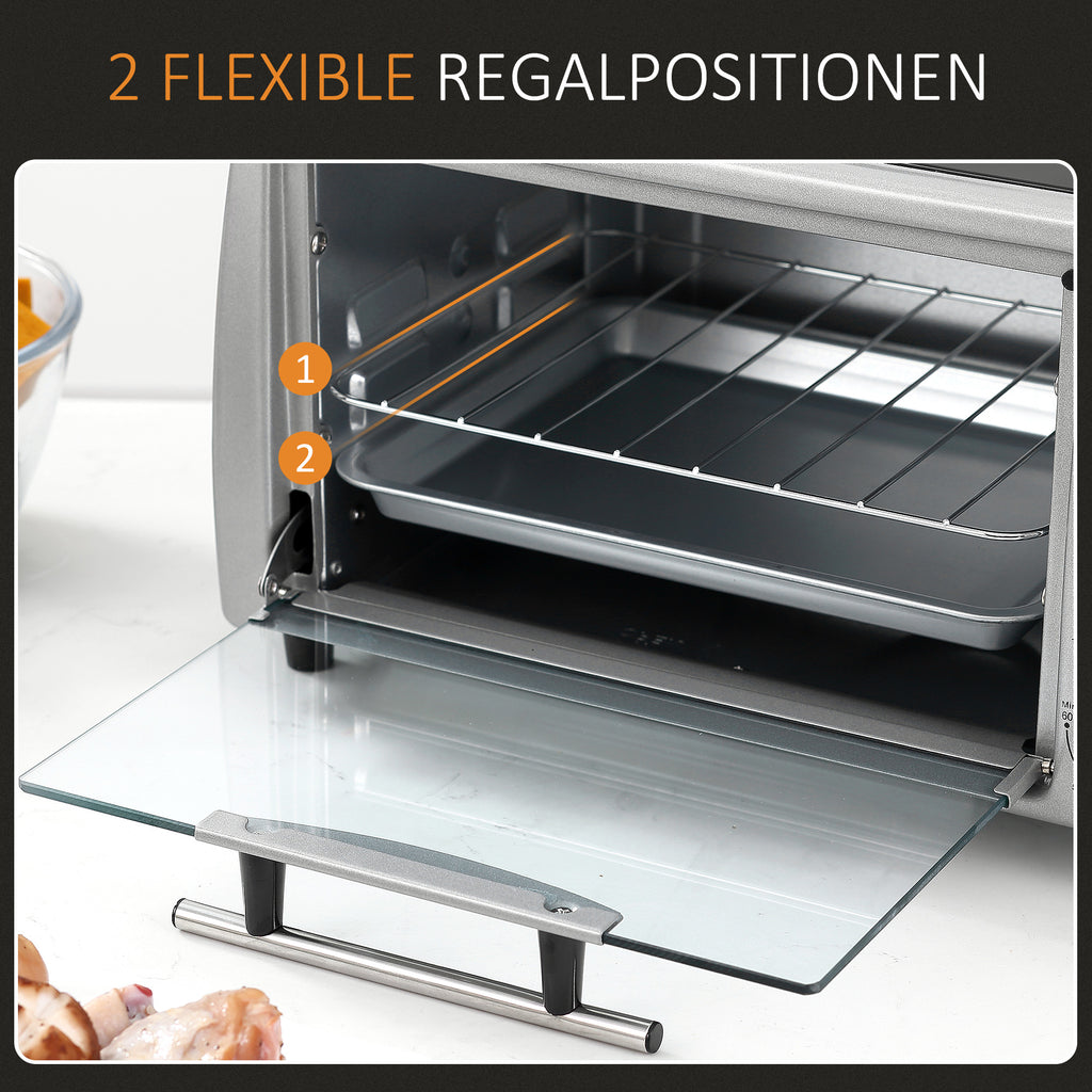 HOMCOM Mini Backofen 10 L 750W 100-230℃ 60 Min. Timer mit Backblech, Grillrost und Herausnehmbarer Bodenschale, Pizza-Ofen Silber