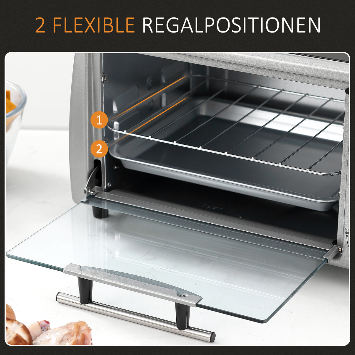 HOMCOM Mini Backofen 10 L 750W 100-230℃ 60 Min. Timer mit Backblech, Grillrost und Herausnehmbarer Bodenschale, Pizza-Ofen Silber