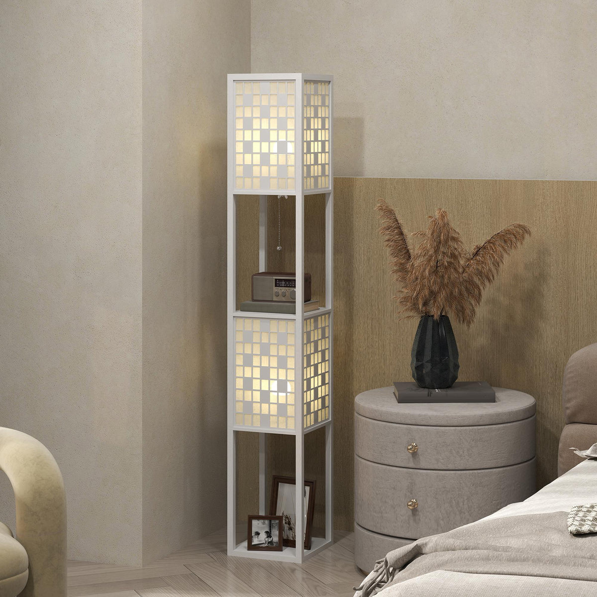 HOMCOM Stehlampe, Gittermuster, 2-Ebenen-Regale, für verschiedene Glühbirnen, Weiß