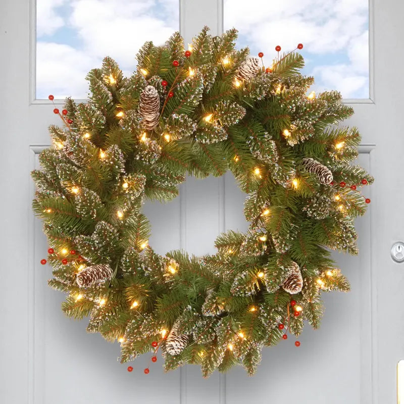 24-Inch Glittery Mountain Spruce Wreath with LED Lights & Timer – Indoor/Outdoor Decor