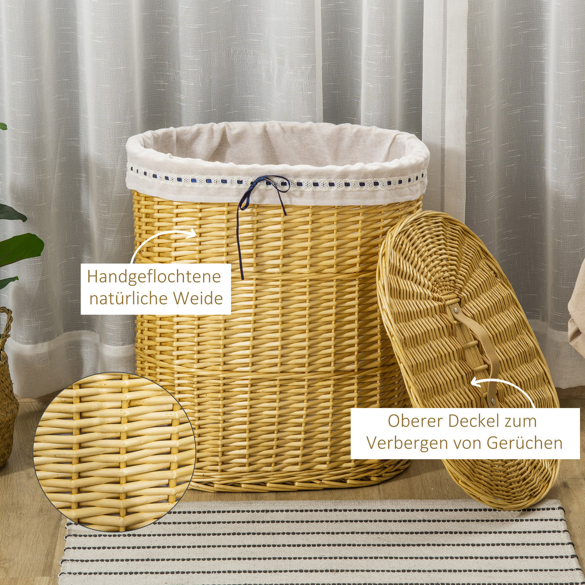 HOMCOM Wäschekorb aus Weide mit Deckel Wäschesammler mit Griff, herausnehmbarer Wäschesack, Laundry Baskets Wäschebox für Badezimmer Waschküche Schlafzimmer Natur