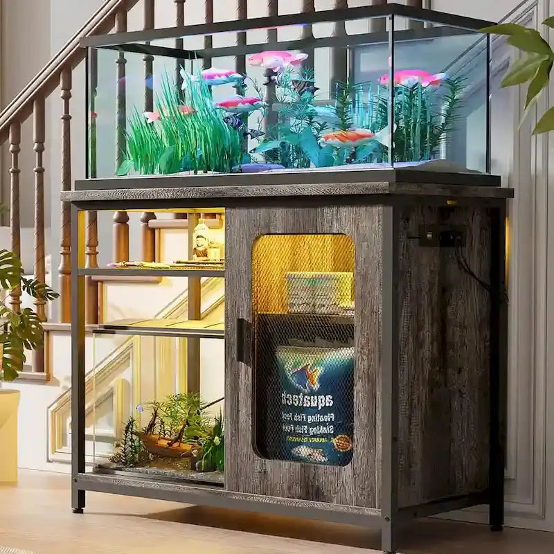 20–29 Gallon Aquarium Stand with Built-In Power Outlets and Integrated LED Lighting