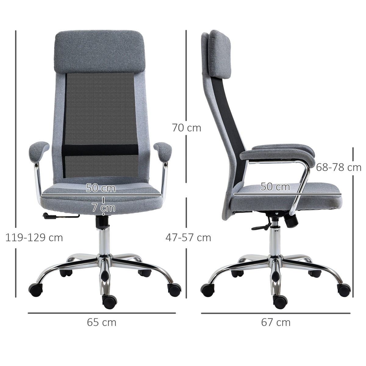 Vinsetto Bürostuhl Computerstuhl ergonomischer Schreibtischstuhl Höhenverstellung und Kopfstütze mit Schaumstoff nordischer Stil hellgrau+schwarz 65 x 67 x 119-129 cm