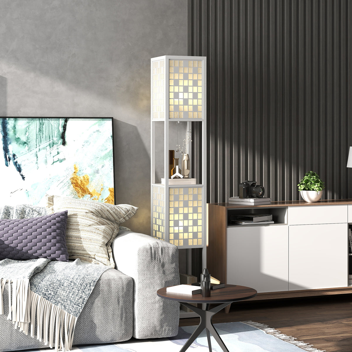 HOMCOM Stehlampe, Gittermuster, 2-Ebenen-Regale, für verschiedene Glühbirnen, Weiß