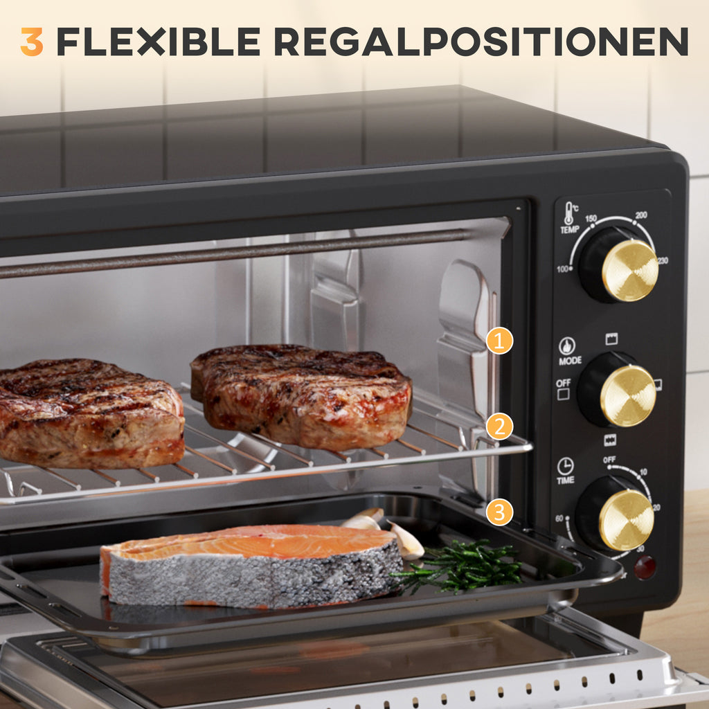 HOMCOM Mini-Ofen, Toasterofen, Timer, Gitterrost, Backblech, Glasfenster, Metall, Schwarz