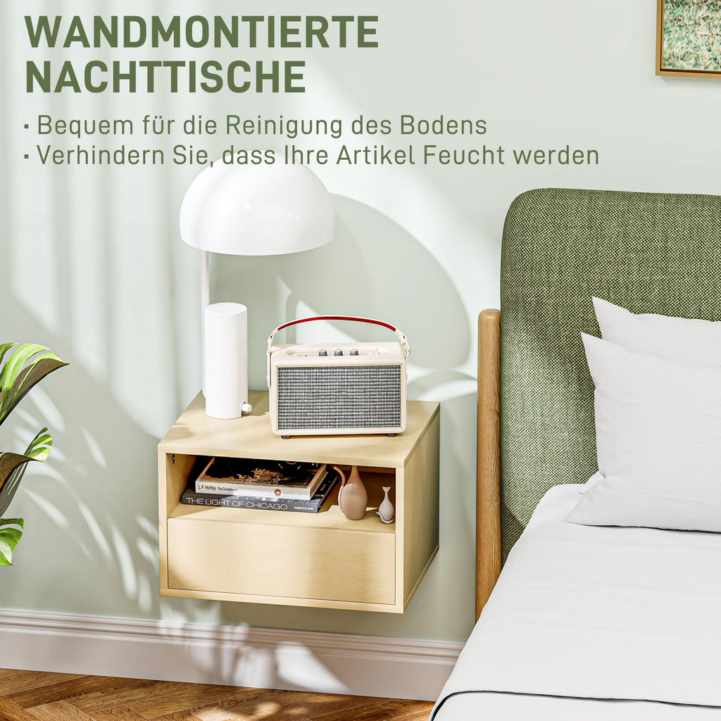 HOMCOM 2-teiliges Wandnachttisch-Set, Nachttisch, Nachtkommode, Spanplatte, Natur, 45 x 35 x 27,5 cm