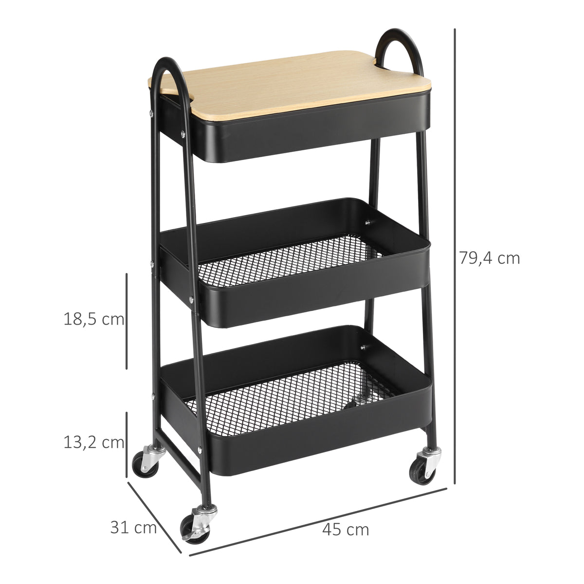 HOMCOM Rollwagen aus Stahl mit 3 Ebenen, MDF-Platte, Griffe Maße 45L x 31B x 79,4H cm