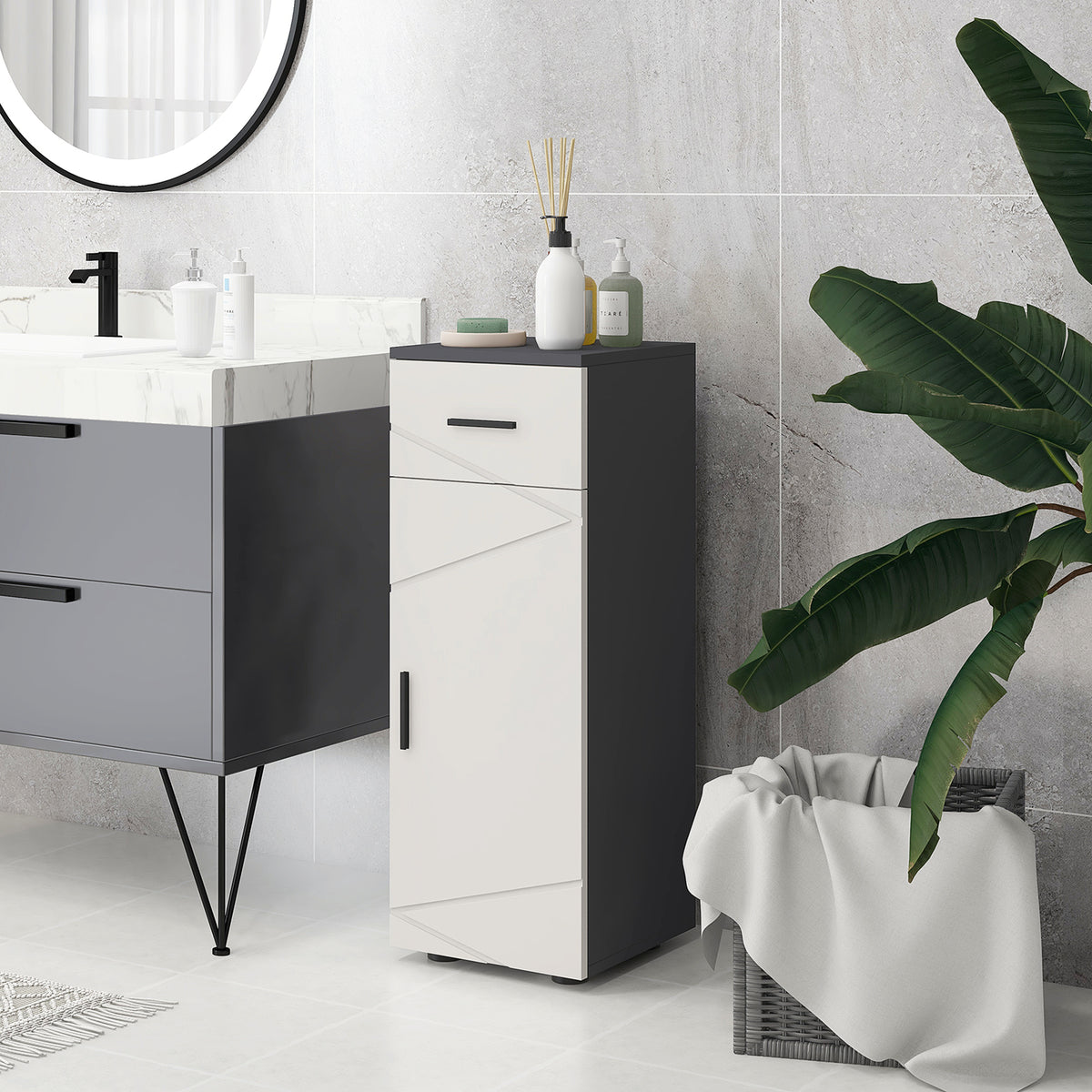 kleankin Badezimmerschrank, Badkommode, verstellbare Regale, bis zu 25 kg belastbar, Grau