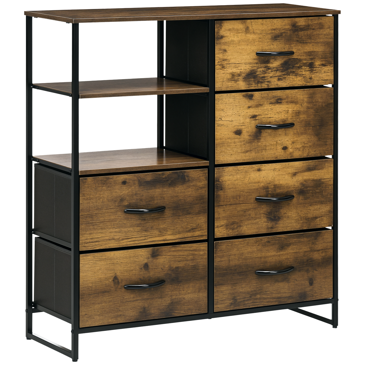 HOMCOM Kommode mit sechs Schubladen, offene Regale, MDF und Stahl, 84x30x92 cm, Braun/Schwarz, verstellbare Füße