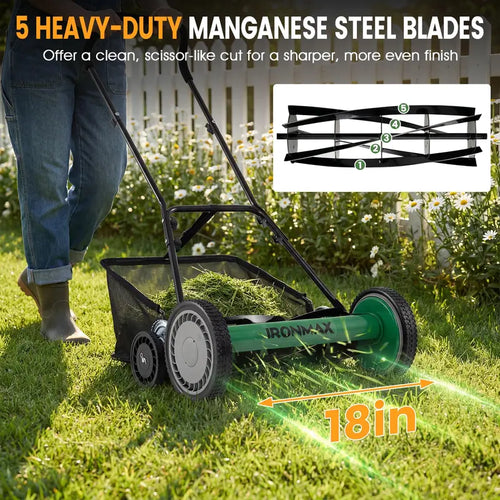 18-Inch Manual Push Reel Lawn Mower with 5-Blade Manganese Steel Cutting System