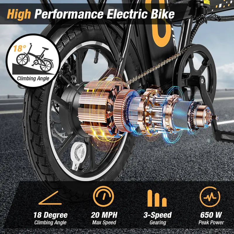 16-Inch Folding Electric Bike – 650W Brushless Motor, Removable 42V 10.4Ah Battery