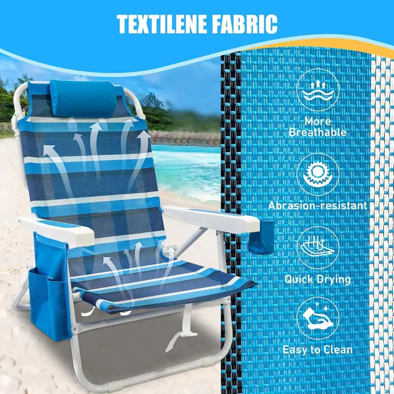 2-Pack Textilene Beach Chairs – 5-Position Folding Recliners with Cooler Bag & Carry Straps