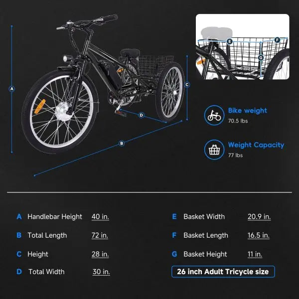 26-Inch Adult Electric Tricycle – 3-Wheel Fat-Tire Design, 7-Speed, 350W Motor, 36V 10Ah Removable Battery